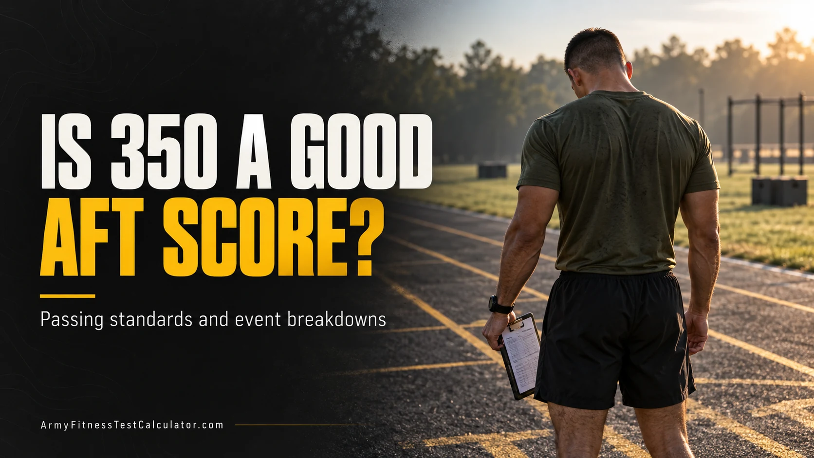 Adult male fitness trainee seen from behind on a track, with the headline Is 350 a Good AFT Score. His face is hidden.