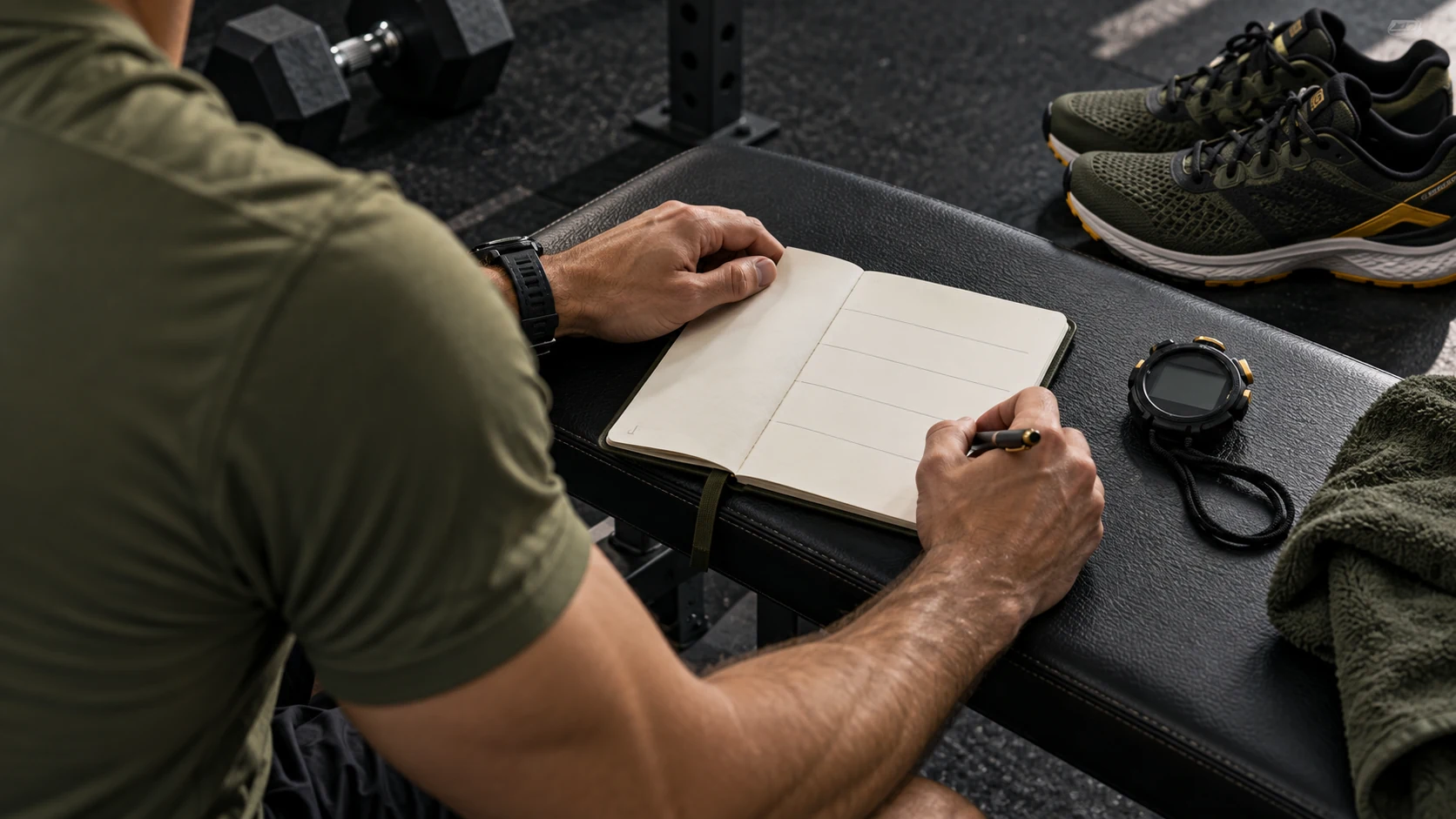 Over-the-shoulder view of adult male hands reviewing a blank training notebook beside a stopwatch and running shoes. Head and face are outside the frame.