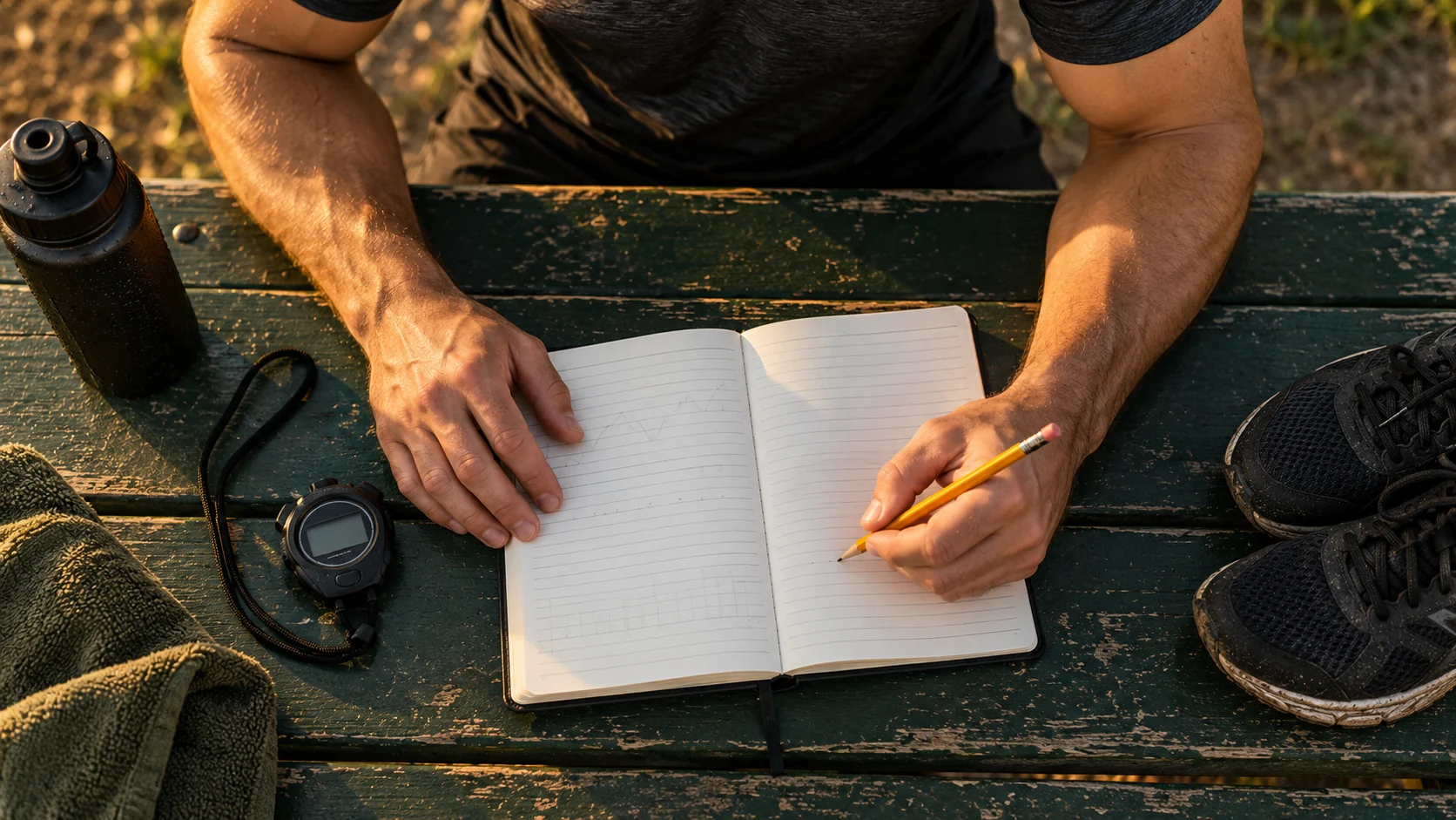 Top-down view of an adult man’s hands reviewing a training notebook beside a stopwatch and running shoes. His head is outside the frame.