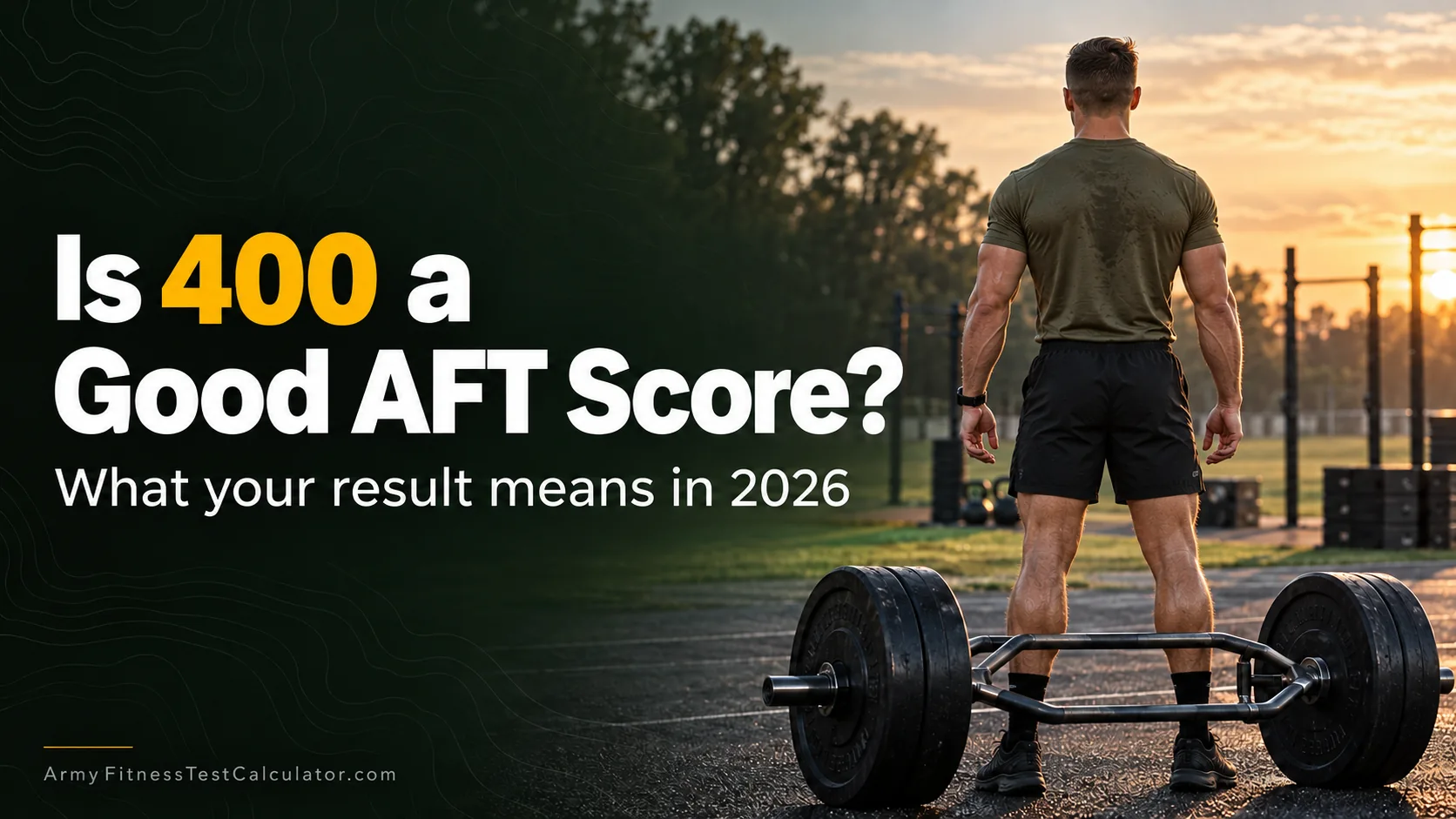 Soldier viewed from behind at a hex-bar deadlift station with Is 400 a Good AFT Score headline