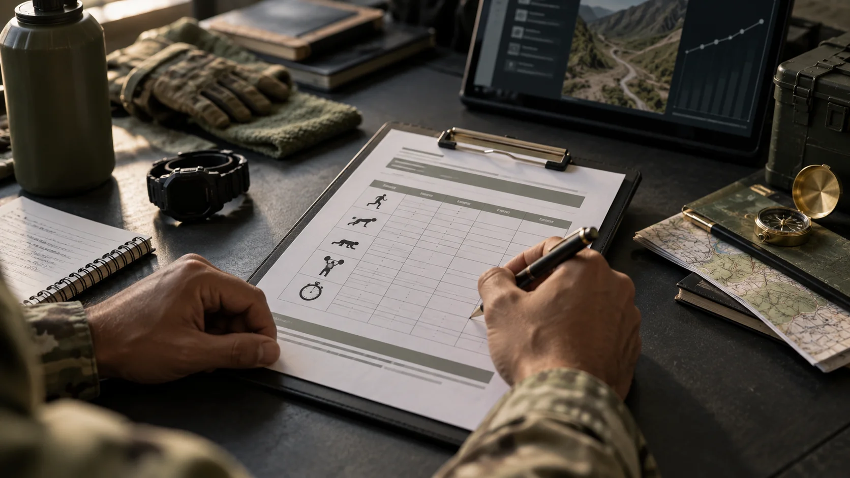 Military scorecard beside trap-bar plates and a laptop for reviewing an old fitness test result
