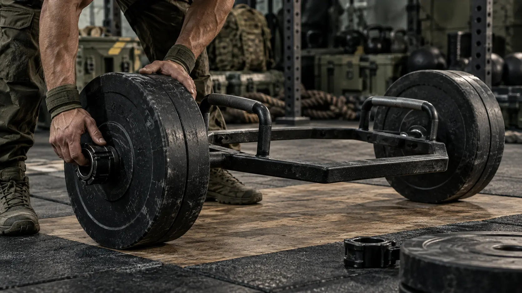 Trap-bar deadlift setup with plates for historical ACFT training