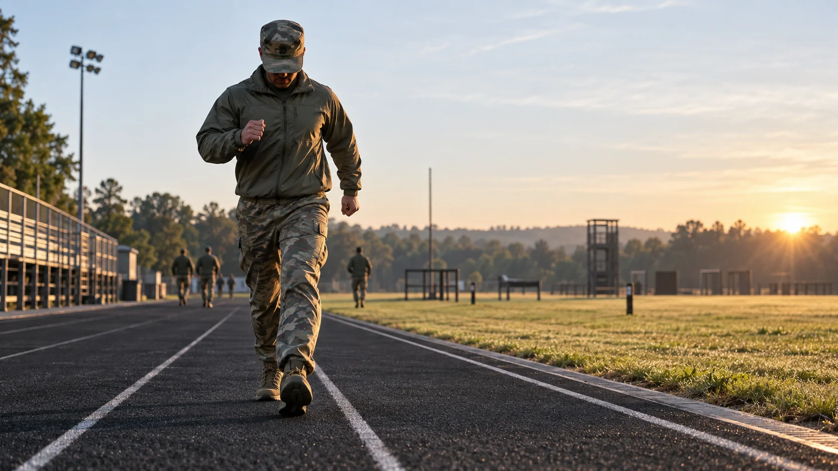 Soldier training on an outdoor track as part of Army Fitness Test preparation