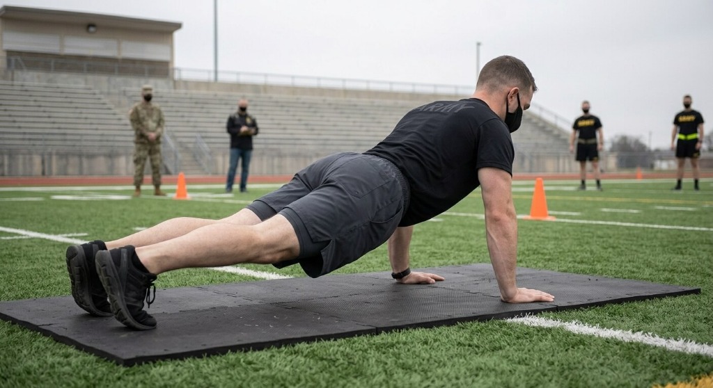 U.S. Army Soldier performing the Hand-Release Push-Up event on an outdoor training surface