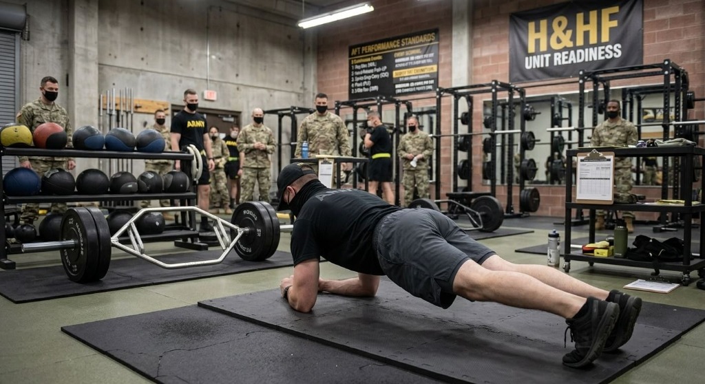 U.S. Army Soldier holding the forearm Plank event position on an indoor testing mat