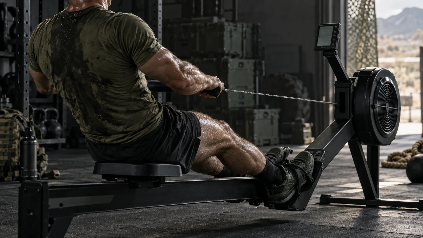 Soldier completing the Army 5,000-meter alternate row event on an indoor rowing ergometer