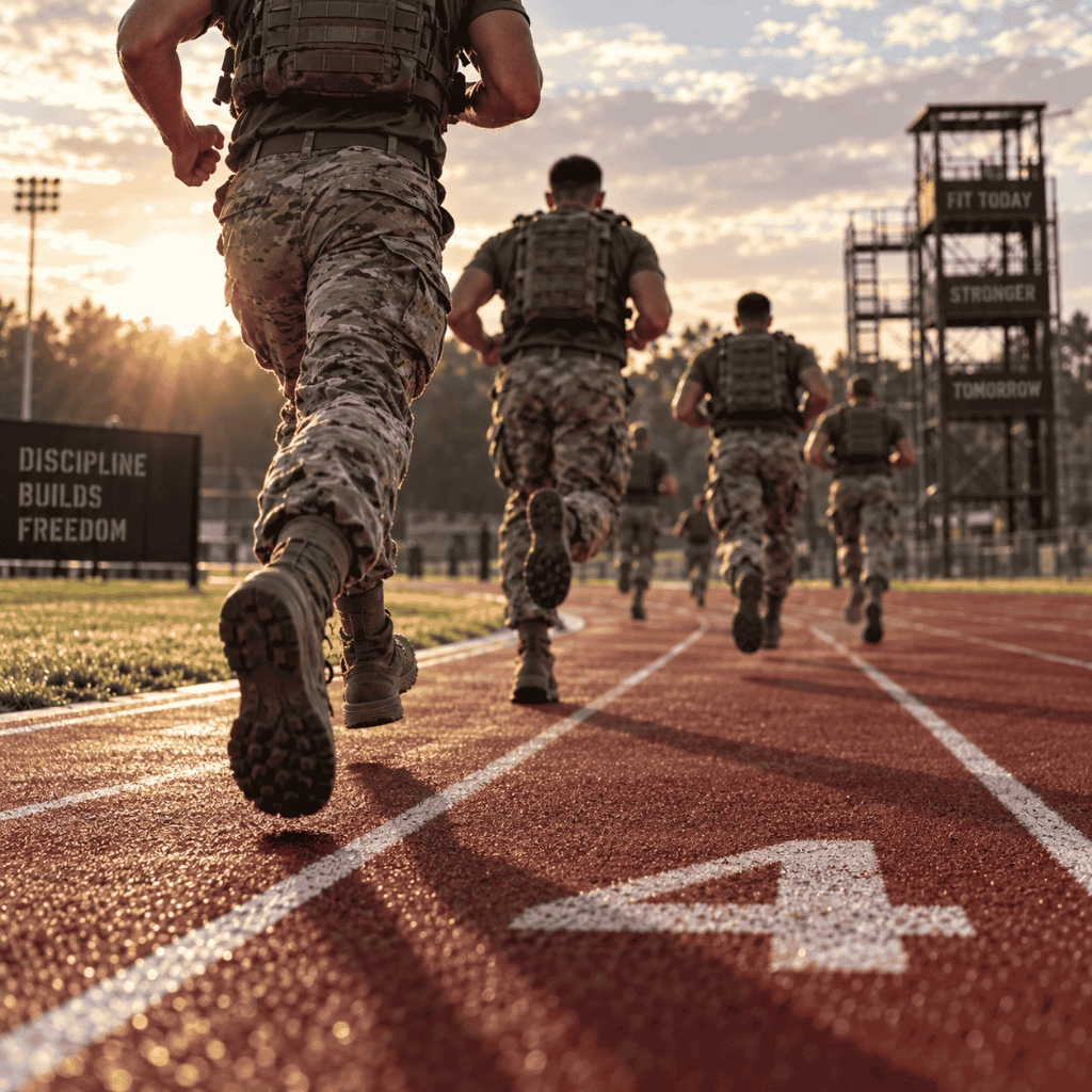 Soldiers running on a 400m outdoor track during AFT 2-Mile Run pace training