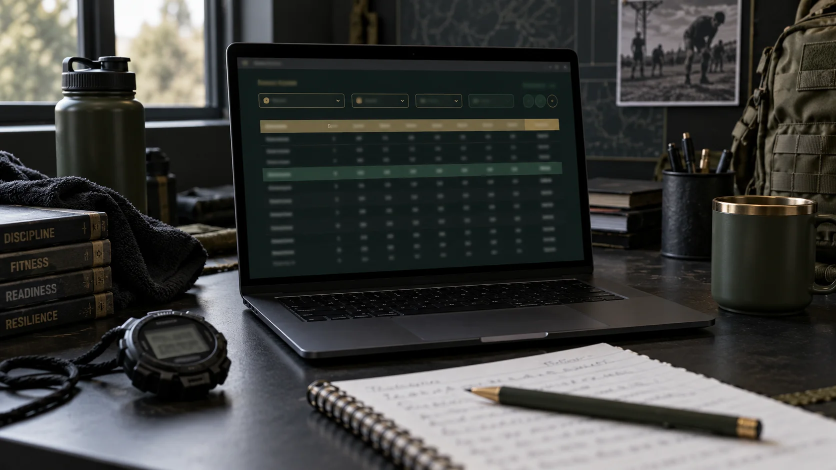 Army fitness score table displayed on a laptop beside training notes