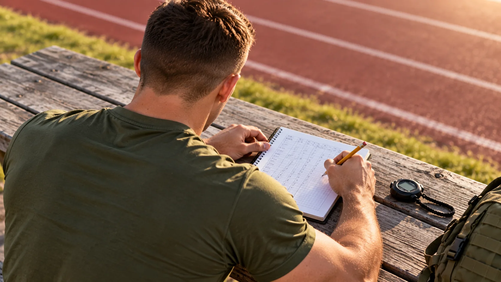 Soldier viewed from behind reviewing a fitness scorecard beside an outdoor running track