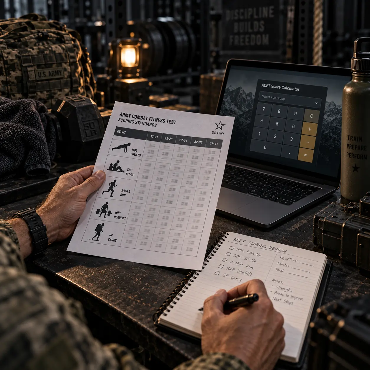 Soldier reviewing an Army Fitness Test scorecard beside a laptop
