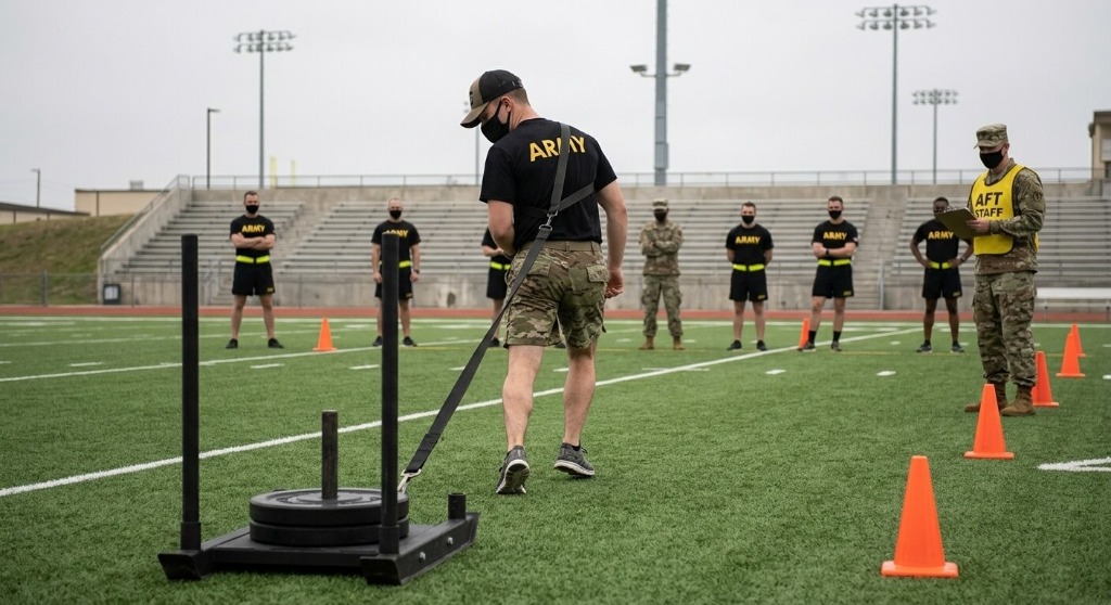 U.S. Army Soldier completing the backward sled-drag portion of the Sprint-Drag-Carry event