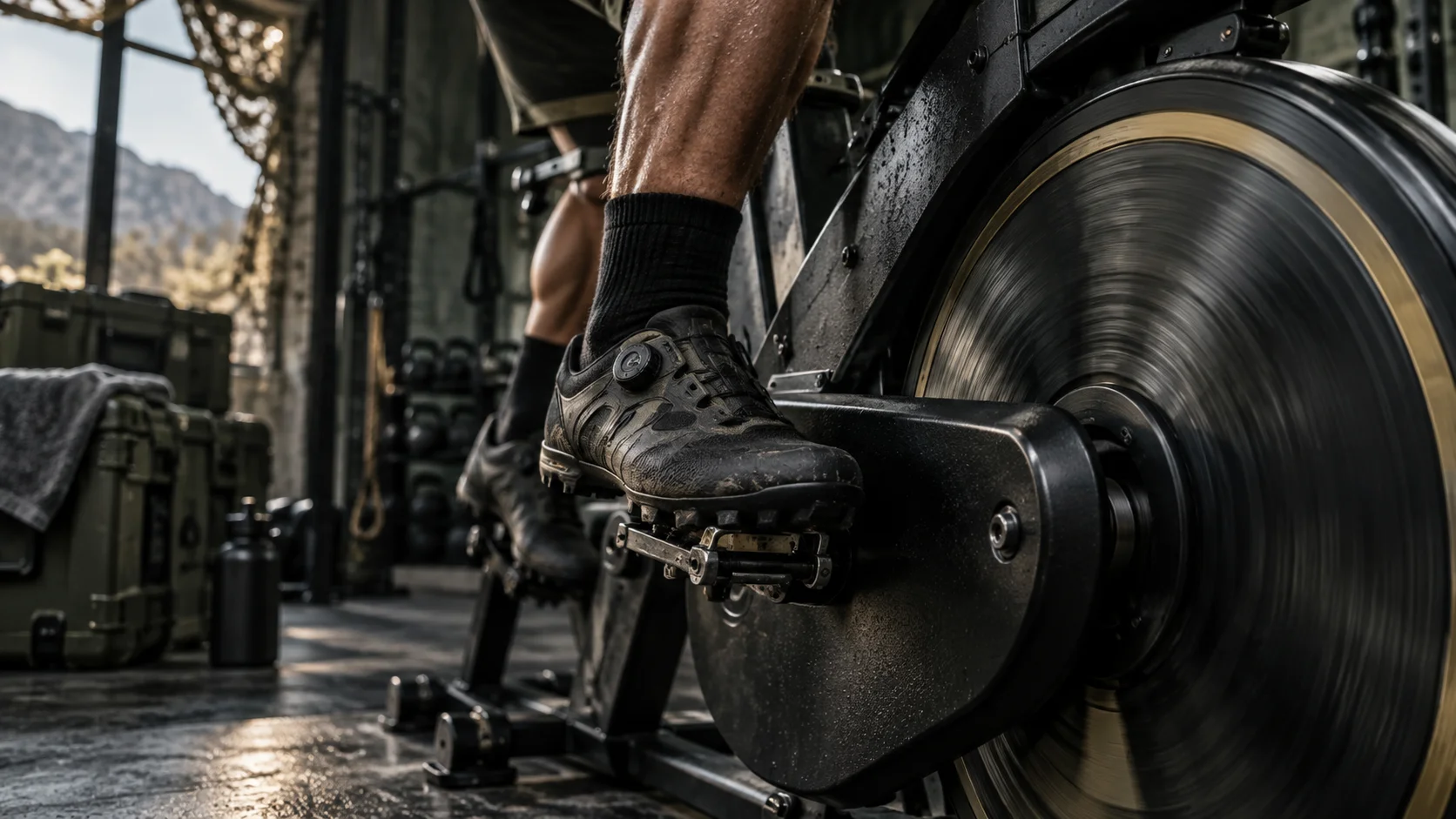 Close-up of a Soldier pedaling a stationary bike for the Army alternate aerobic event