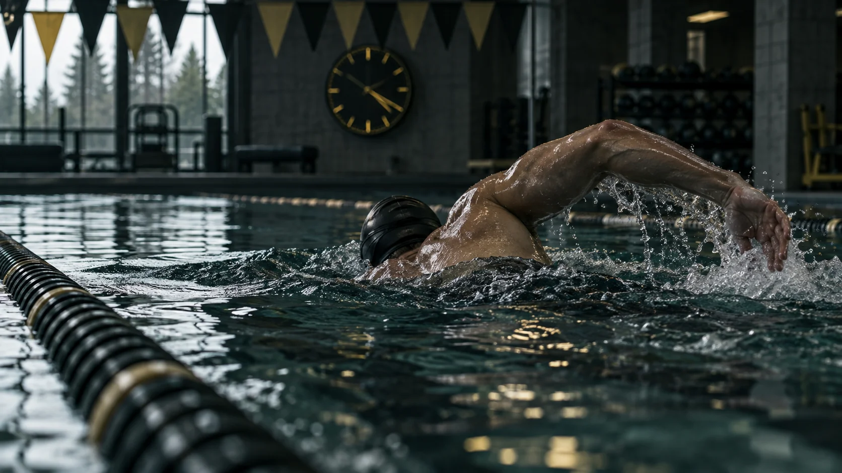 Swimmer completing laps in a measured pool for the Army 1,000-meter alternate aerobic event
