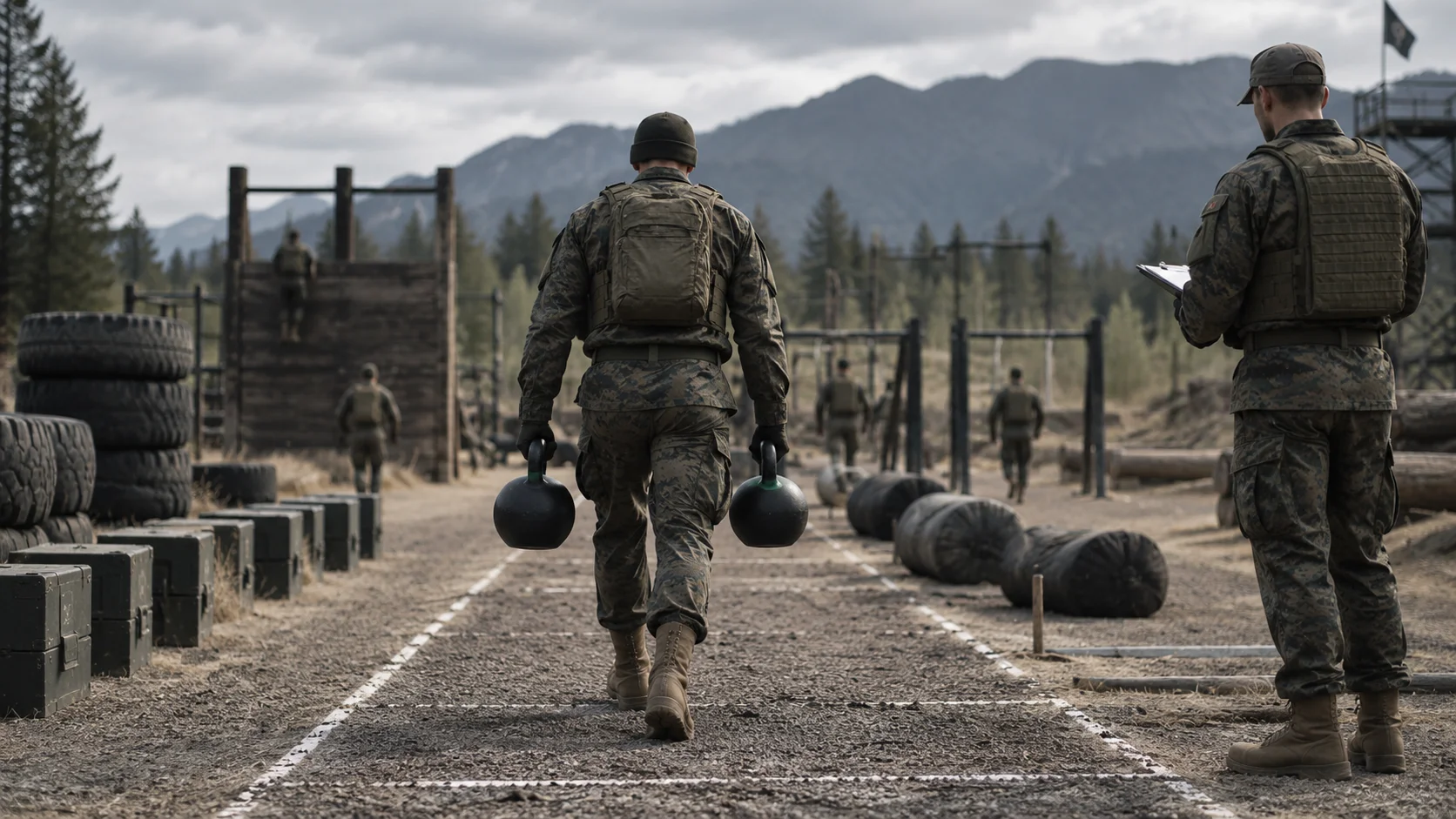 Soldiers completing an Army Fitness Test course outdoors