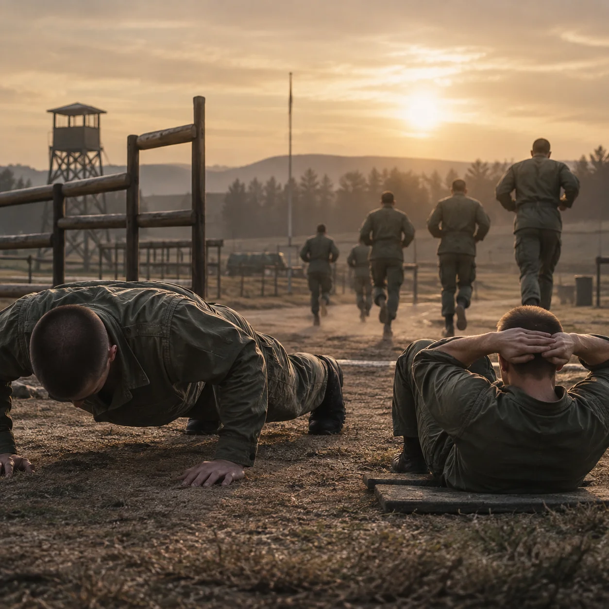 Soldiers performing legacy Army push-up and sit-up fitness training
