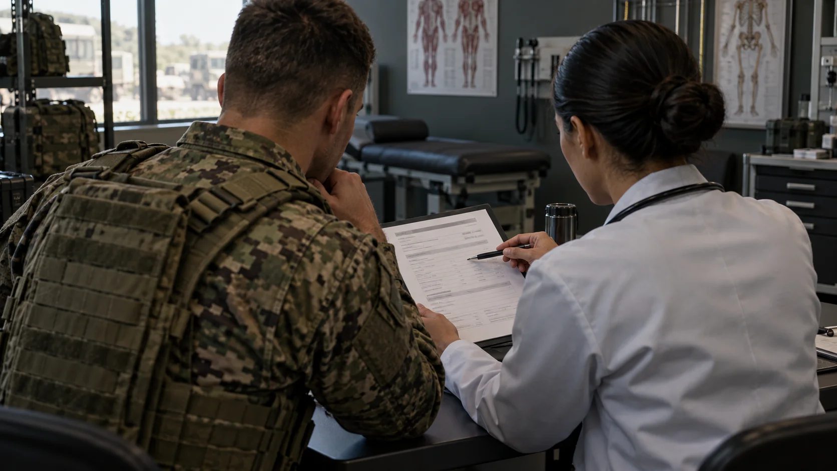 Military medical clinician reviewing Army Fitness Test profile restrictions with a Soldier