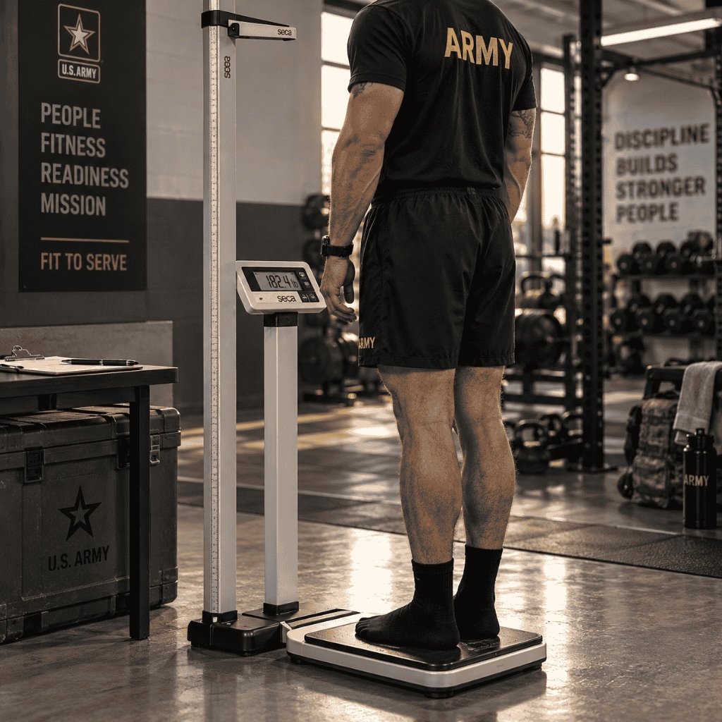 Soldier using a medical scale and stadiometer to measure weight and height