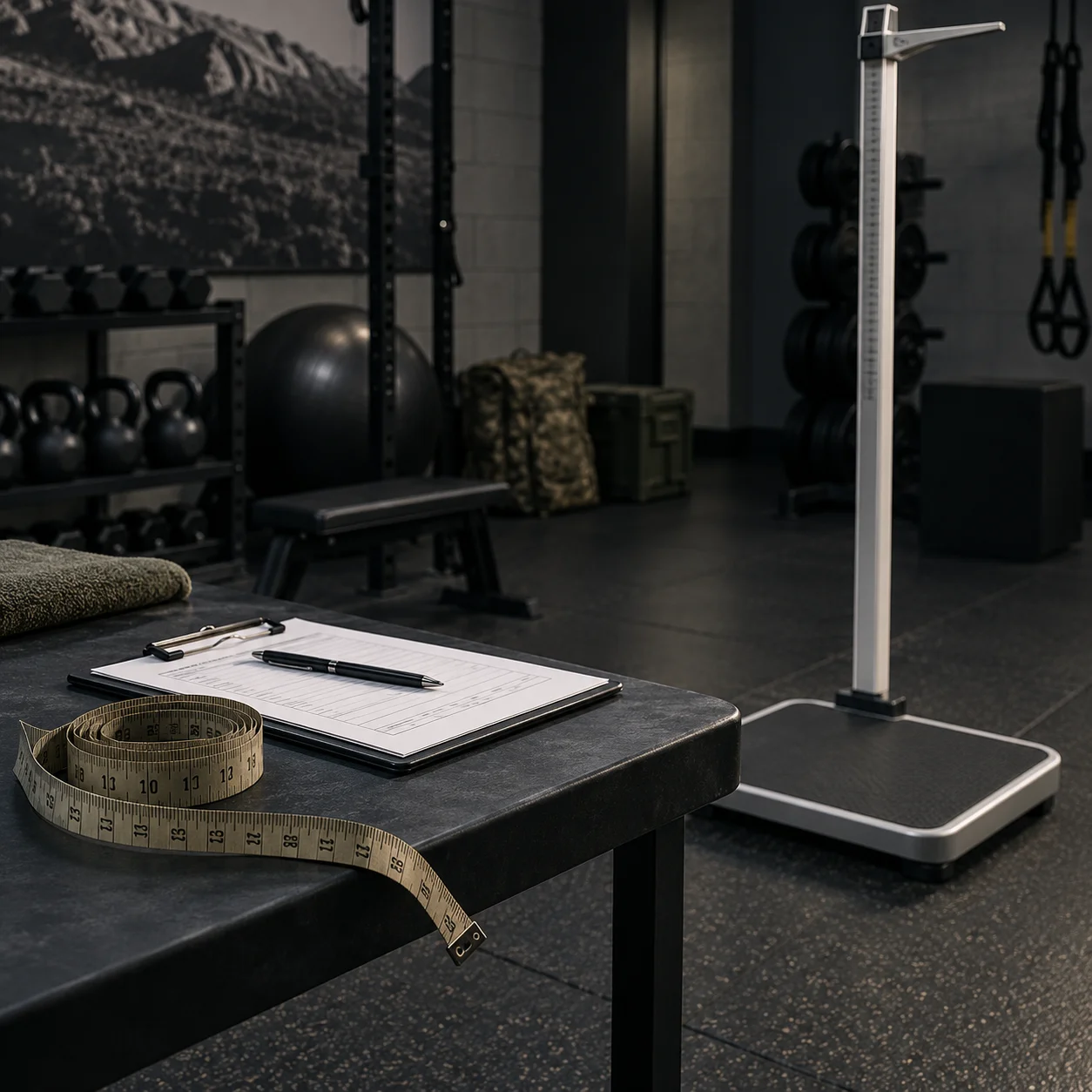 Army height and weight screening equipment beside a measuring tape