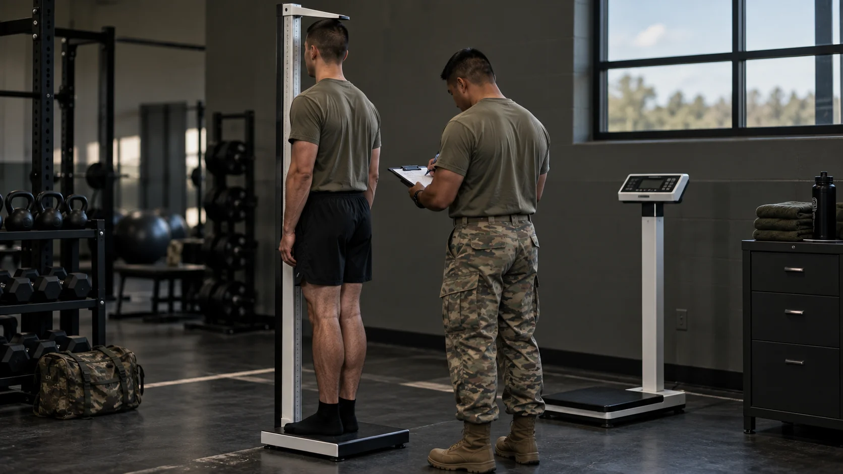 Army body-composition screening with a Soldier and clinician reviewing height and waist measurements