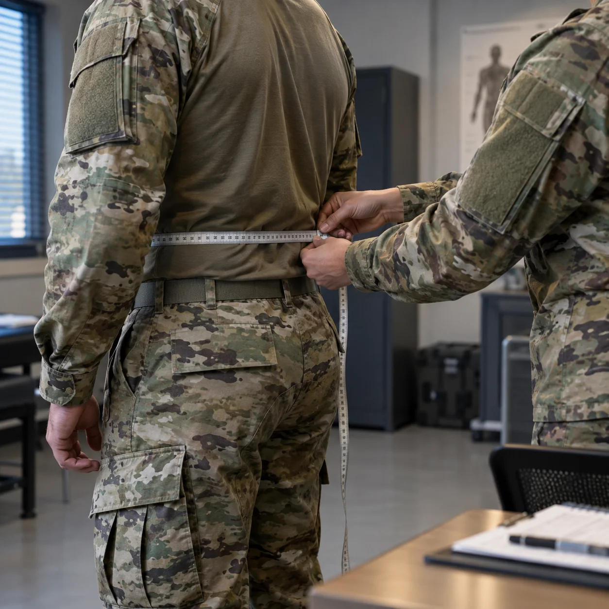Army waist circumference being measured at the navel for a waist-to-height ratio assessment