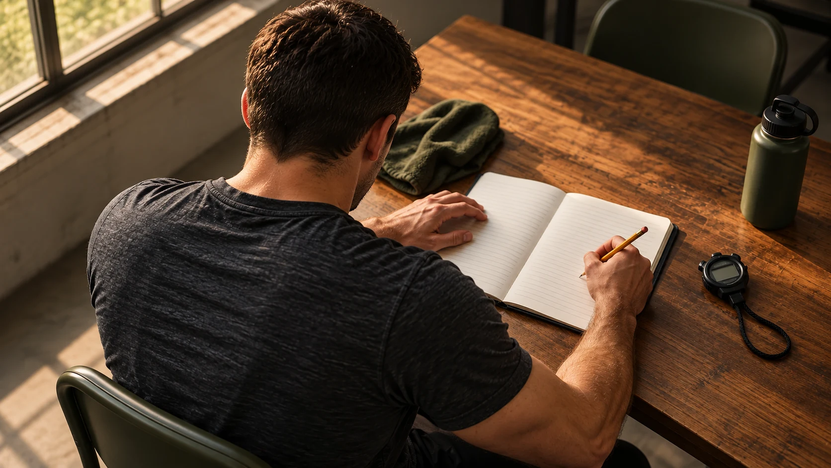 Adult male writing a training plan beside a stopwatch, viewed from above with the entire head cropped out. No face is visible.