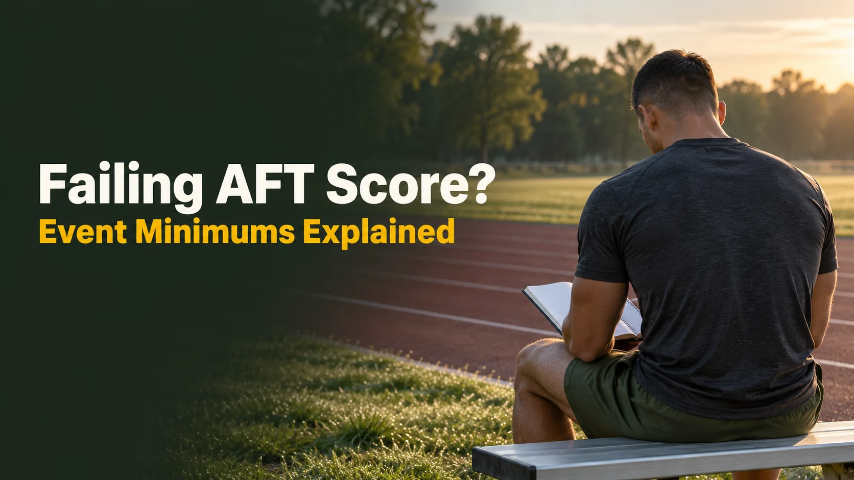 Adult male trainee viewed from behind beside a running track with Failing AFT Score and Event Minimums Explained text. No face is visible.