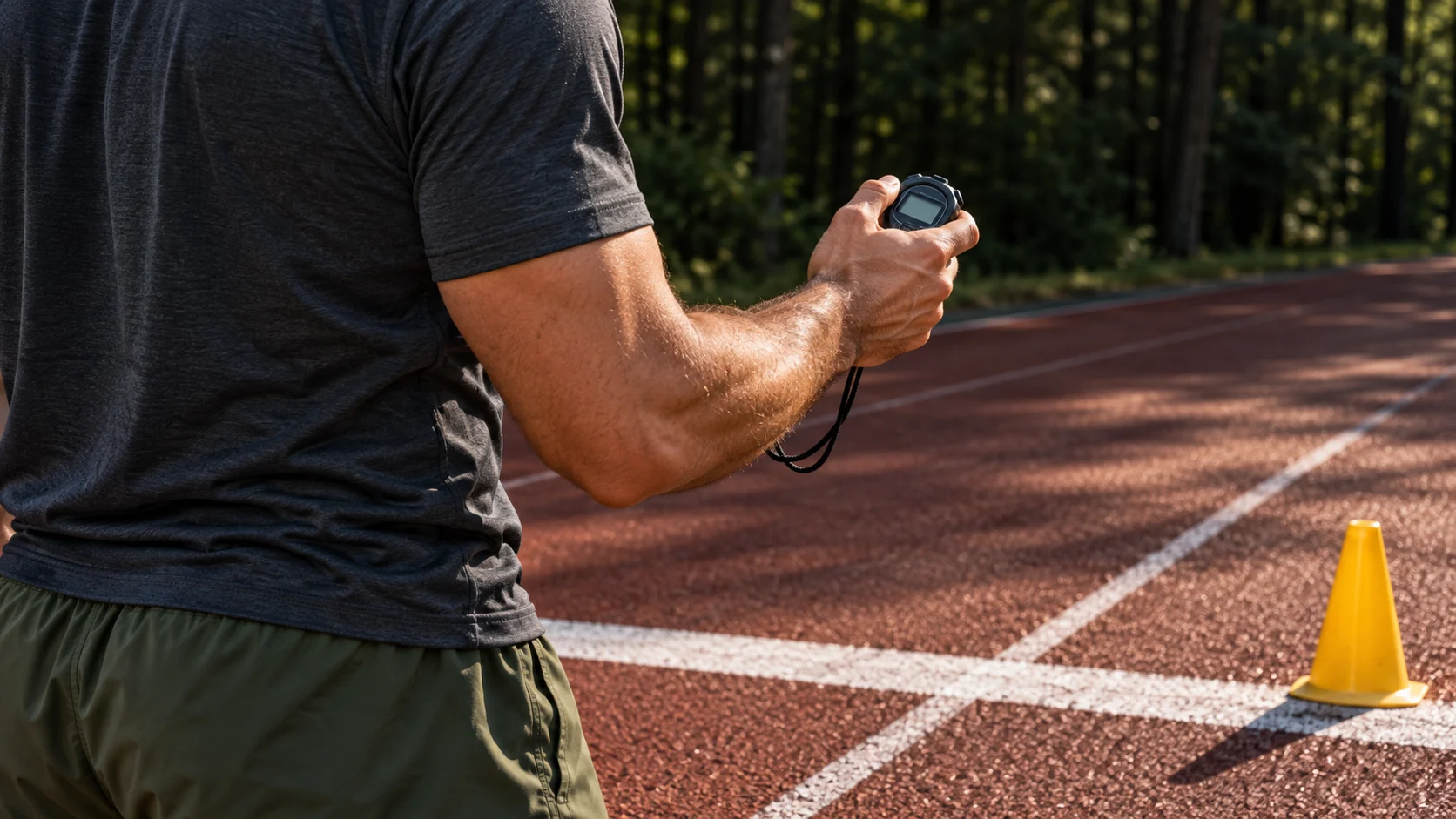 Adult male trainee checking a stopwatch beside a running track, viewed from behind with his entire head outside the frame. No face is visible.
