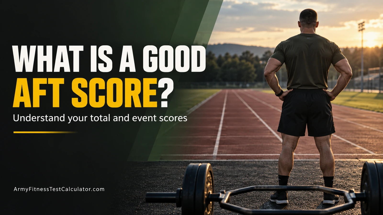 Male Army fitness trainee viewed entirely from behind at a track, with What Is a Good AFT Score headline. No visible face.