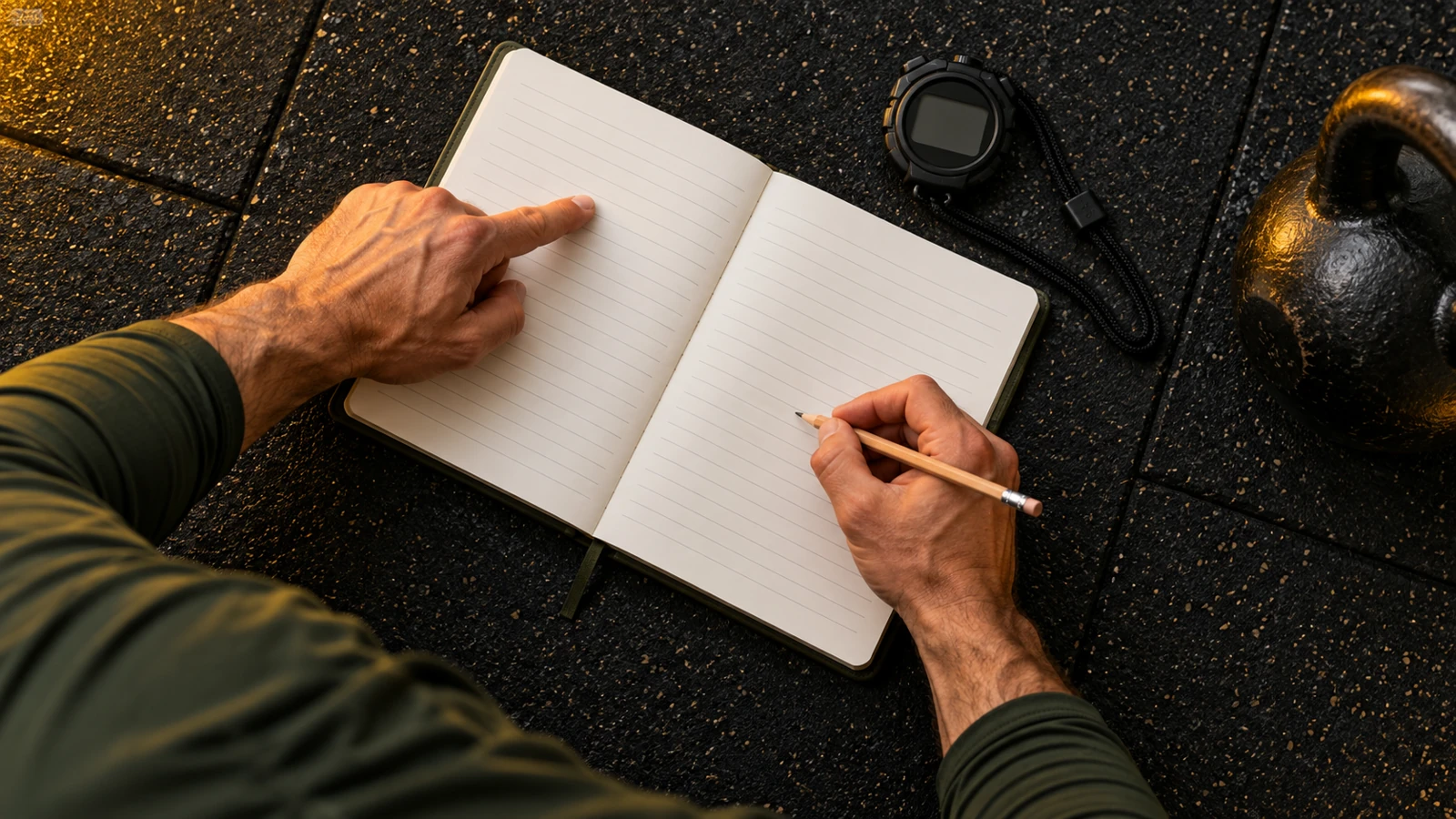 Top-down view of adult male hands beside a blank notebook, stopwatch and fitness equipment; head and face are outside the frame.