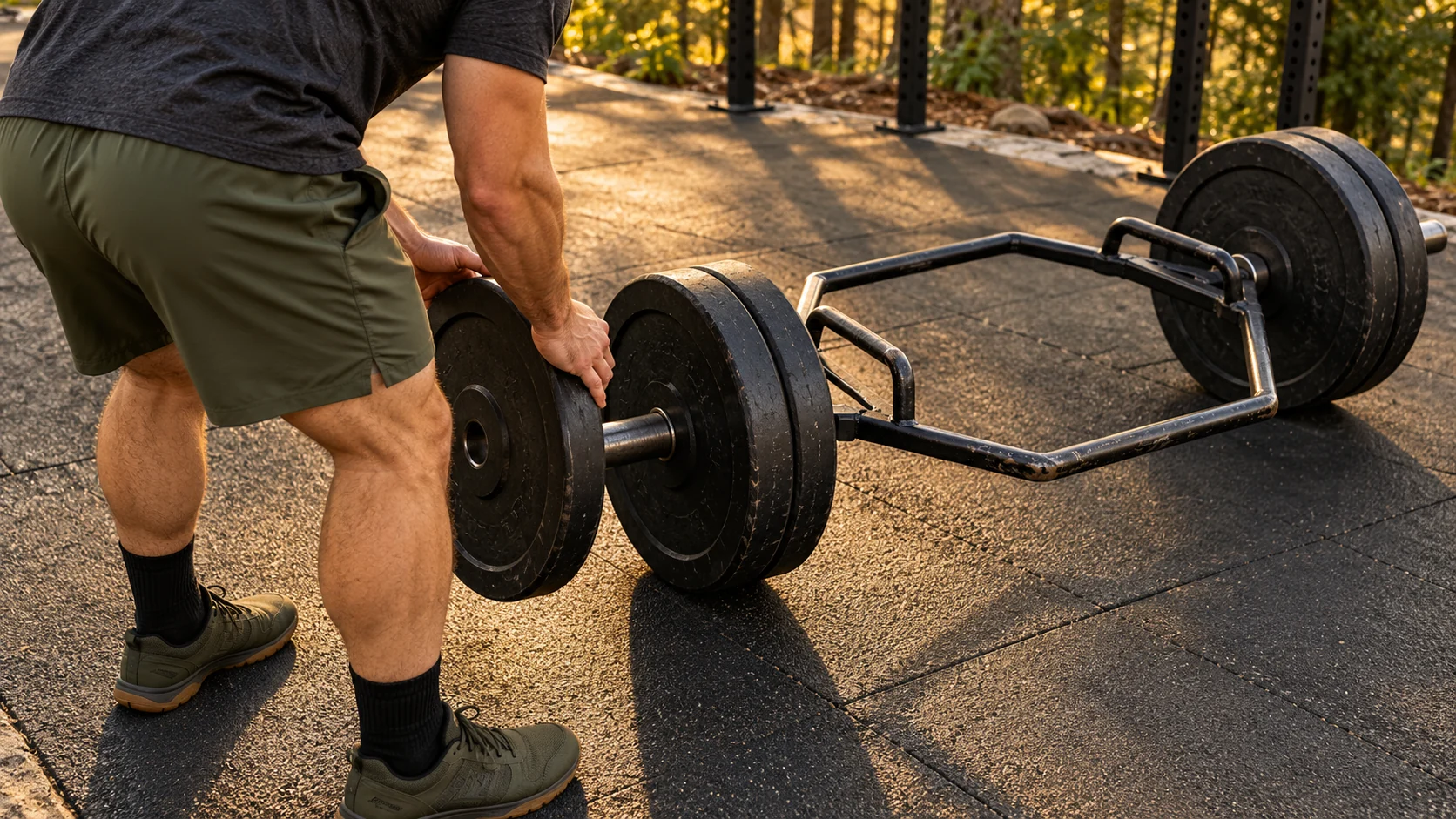 Adult male trainee preparing a grounded hex bar with a weight plate, viewed from behind with his head outside the frame. No face is visible.