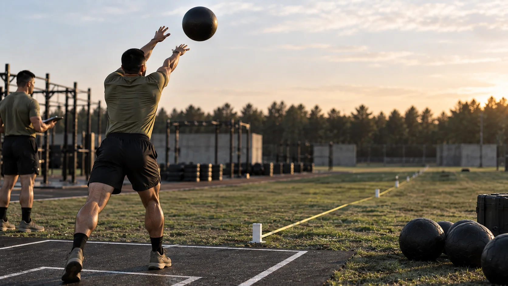 Soldier performing the legacy ACFT Standing Power Throw with a medicine ball